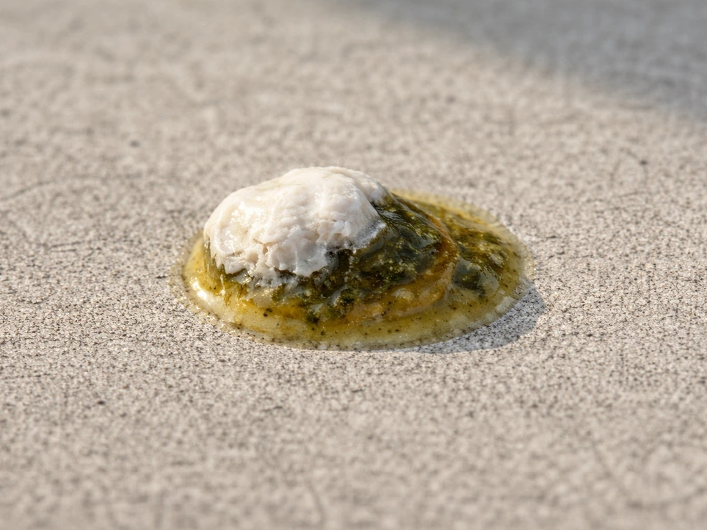 Macro close-up of a bird dropping showing an off-white urate cap with surrounding yellow feces.