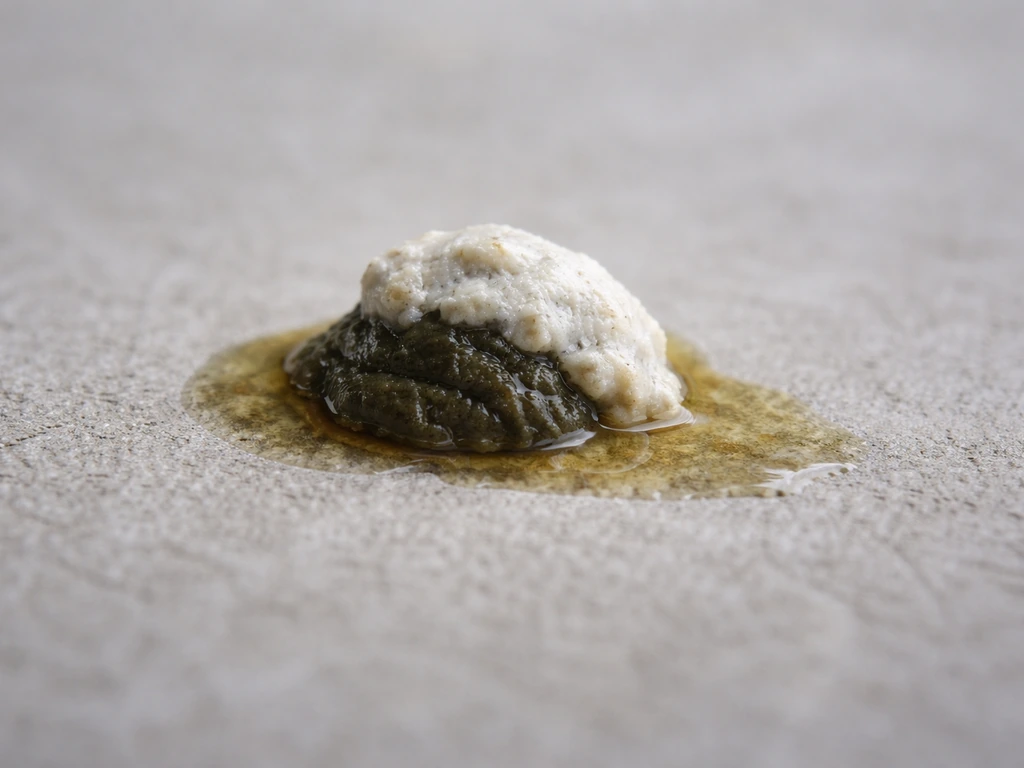 Macro close-up of bird droppings showing dark feces, off-white urates, and yellow liquid layer.
