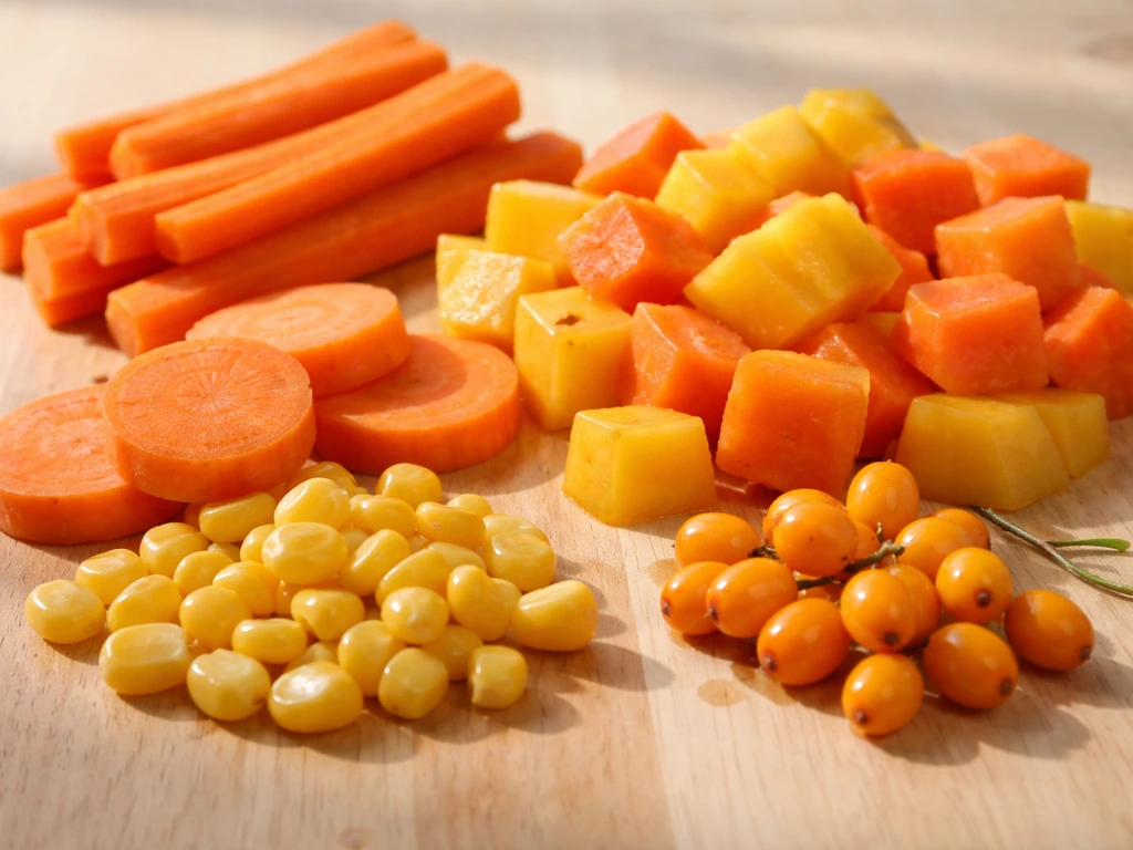 Closeup arrangement of orange and yellow fruits and vegetables like carrots, mango, papaya, corn, and berries on a woode