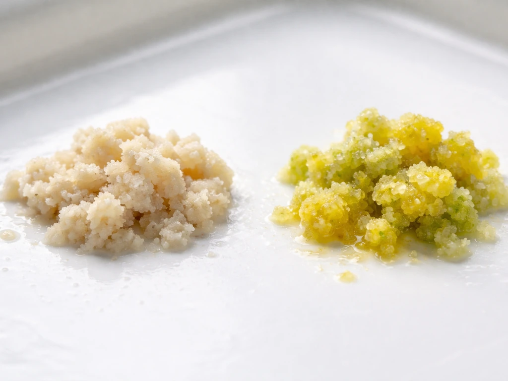 Close-up side-by-side urine crystal piles: normal cream vs bright yellow-green/lime urates on disposable plastic.