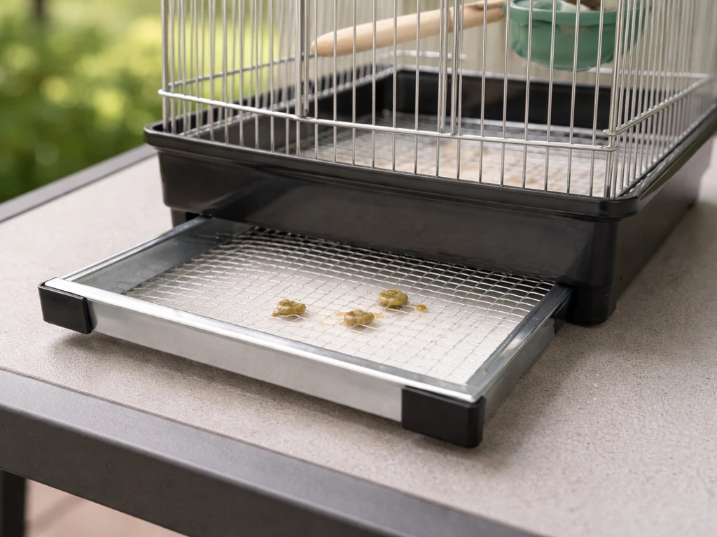 Close-up of a small pet bird cage stand with a removable tray showing droppings on a clean surface.