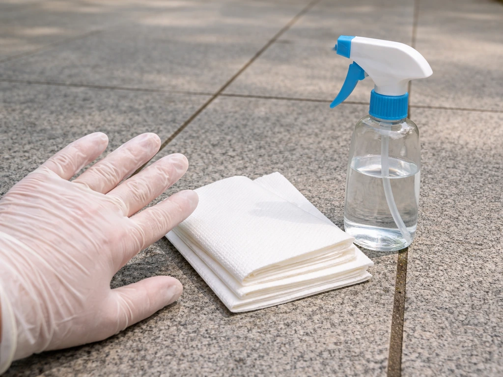 Disposable gloves, paper towels, and a spray bottle arranged for safe bird droppings cleanup.
